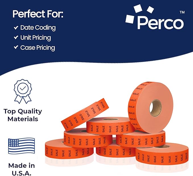 Perco "Sale" Fluorescent Red Pricing Labels for Monarch 1131 Price Gun – 8 Sleeves, 64 Rolls Value Pack - 160,000 Price Marking Labels – with Ink Rolls Included