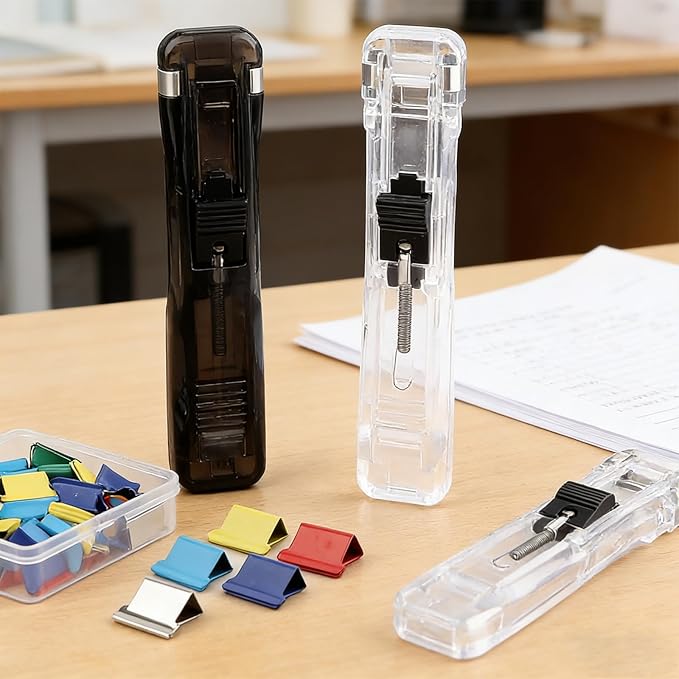Portable Binder Clip Stapler,Includes 50 Reusable Clips Desktop Push Stapler Binder Clips Paper Clamps,Desktop Document Organizer for Home School Office (Black)