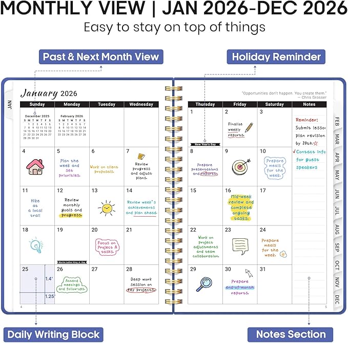 2026 Planner, Weekly and Monthly Calendar Planner Book, January 2026 - December 2026, Hardcover Spiral Planner with Monthly Tabs, Notes Pages, Perfect for Women & Men, A5 (6.4" x 8.5") - Royal Blue