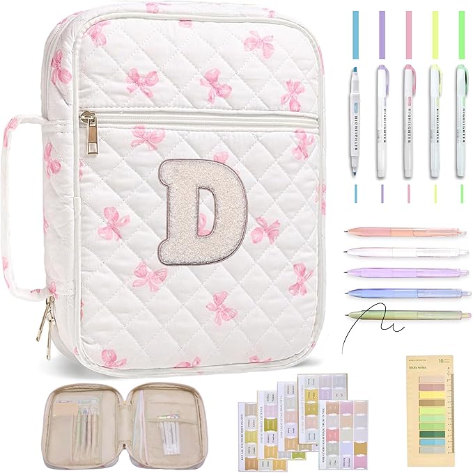 Personalized Initial Bible Cover Case for Women – Large Quilted Bible Bag with Handle, Chenille Letter, Bible Study Kit, Christian Gift for Mom, Grandma & Daughter (Pink Bow-D)