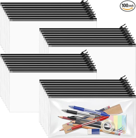 ReliThick 100 Pack Zipper Pouches Bags Bulk 9.5x4.3 Inches Pencil Pouches Case Waterproof Small Zipper Bags for Travel Cosmetics Office Supplies Storage(Black)