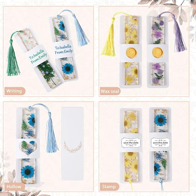 Fumete 50 Pieces Resin Bookmark Holder 5.9 x 1.8 Inches Kraft Bookmark Sleeves DIY Bookmarks Display Cards for Bookmark Wrapping Small Business Packaging Supplies Party Favor Gift (White, Cute)