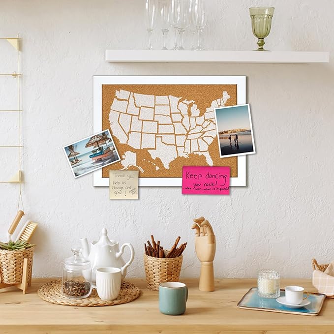 White Frame Cork Board Map of The United State, 14" X 11" Bulletin Boards for Walls with 10 Pins, Travel Tracker Map for Office, School and Home (US-MAP-2636-C)