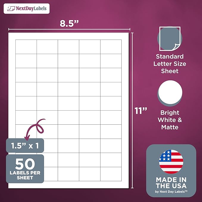 NextDayLabels 1.5x1 Inch Rectangle Stickers White Blank Labels for Laser Inkjet Printer - 50 Per Sheet Self-Adhesive Name Tags Address Barcode, Made in USA - 25,000 Labels
