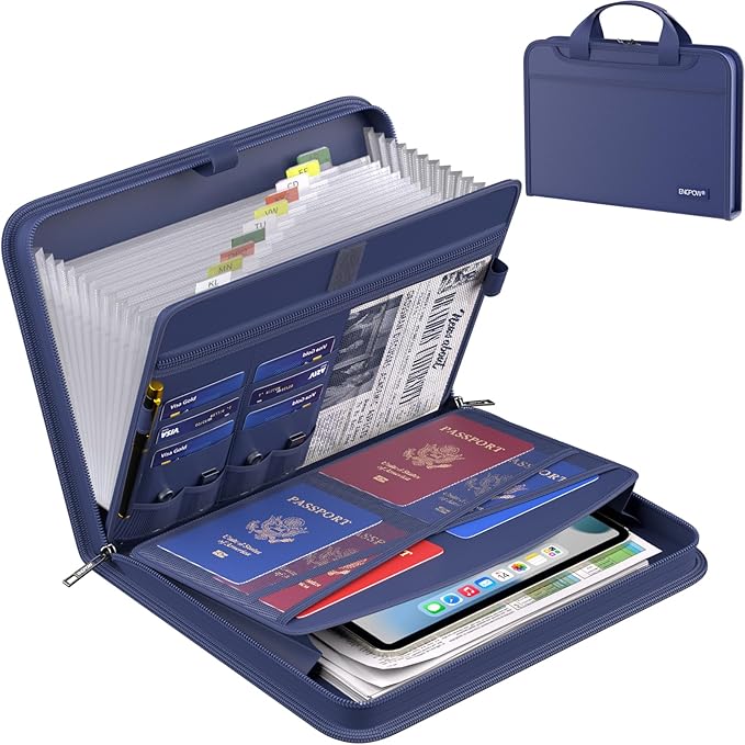 ENGPOW Accordion File Organizer,Fireproof Expanding File Folder with Multi Pockets,13 Pockets Document Organizer with Handle & Labels,Portable Home Travel Safe Storage Folder for Letter A4 Files,Blue