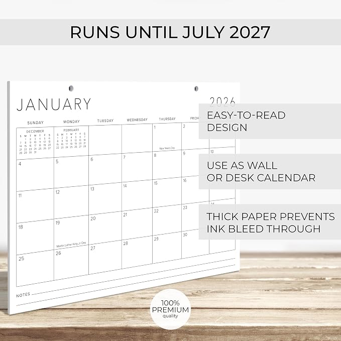 Aesthetic 2026 Desk Calendar 16" x 12" - Runs From January 2026 Until July 2027 - Large Minimalistic Office Desktop/Wall Calendar Pad for Easy Organizing