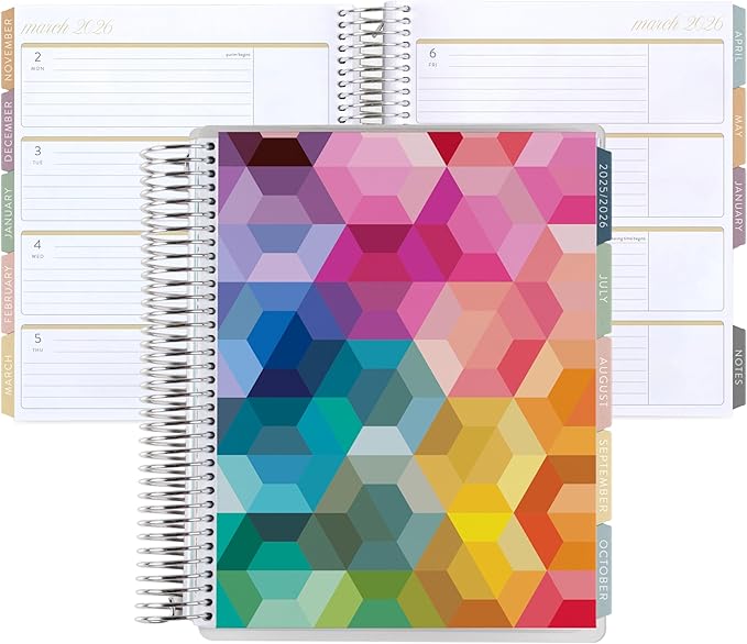7x9 Coiled Life Planner (January 2026 - December 2026) - Hexagon classic cover, horizontal layout, Bouquet theme, platinum coil