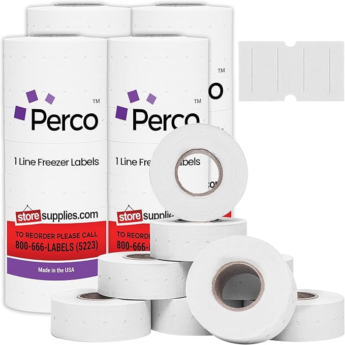 Perco 1 Line Freezer Adhesive Labels - 32 Rolls, 4 Sleeves, 32,000 Blank Price and Date Gun Labels for Perco Lite, X, Plus and Pro 1 Line Price and Date Guns - Made in USA