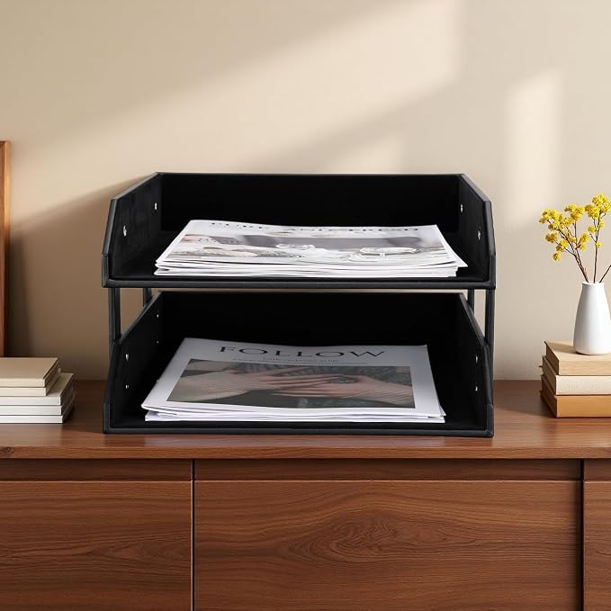 KINGFOM Letter Tray, Leather Paper Organizer Tray, Wooden Desk File Holder, Desktop File, Stackable Magazine Holder, Mail Sorter, Great for Home or Office - 2 Level Black