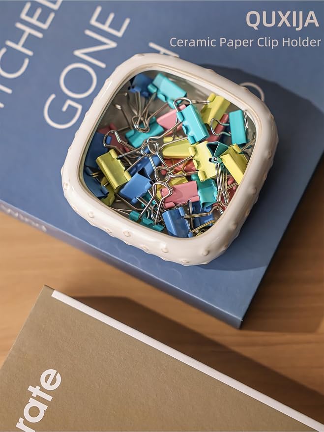 Ceramic Paper Clip Holder Set of 2, Paper Clip Organizer (Vintage White)