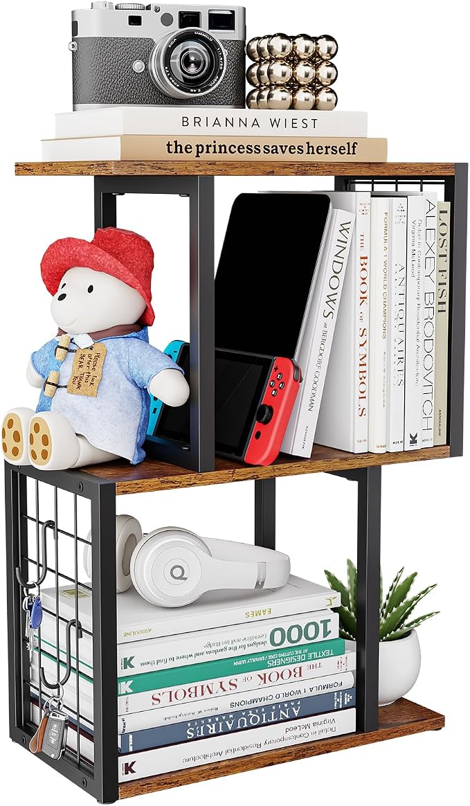 Desktop Bookshelf,3-Tier Desk Organizer Shelf with Hooks Desk Organization Deals for Office Storage Rustic Brown