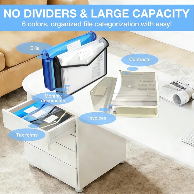 3Pcs Plastic Expanding File Folder, Transparent envelopes with Snap Closure, No Dividers, Large Capacity, Colorful File Folder Organizer, Accordion File Organizer, Fit Letter/A4 Size for Office/School
