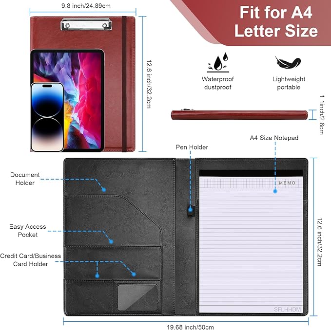 Clipboard Padfolio with Storage Pocket, Clipboard Folder Portfolio Organizer, 360 Degree Foldable Clipboards with Refillable Notepad,Faux Leather Padfolio Organizer for Office School Supplies-Wine Red