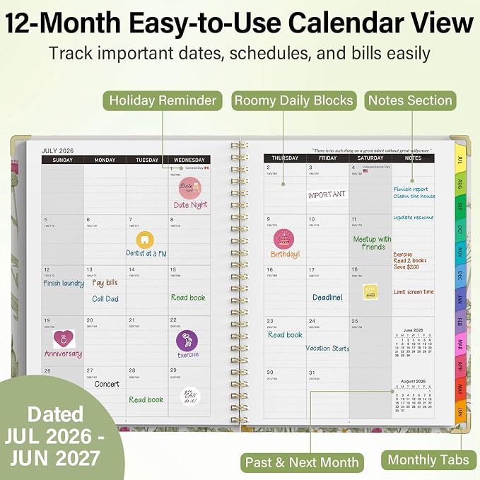 Academic Planner 2026–2027, A4 Hardcover Weekly Monthly Planner, Large 8.5" x 11" School Year Planner July 2026 to July 2027, with Bookmark, Pocket Folder and Sticky Notes, Garden Flowers