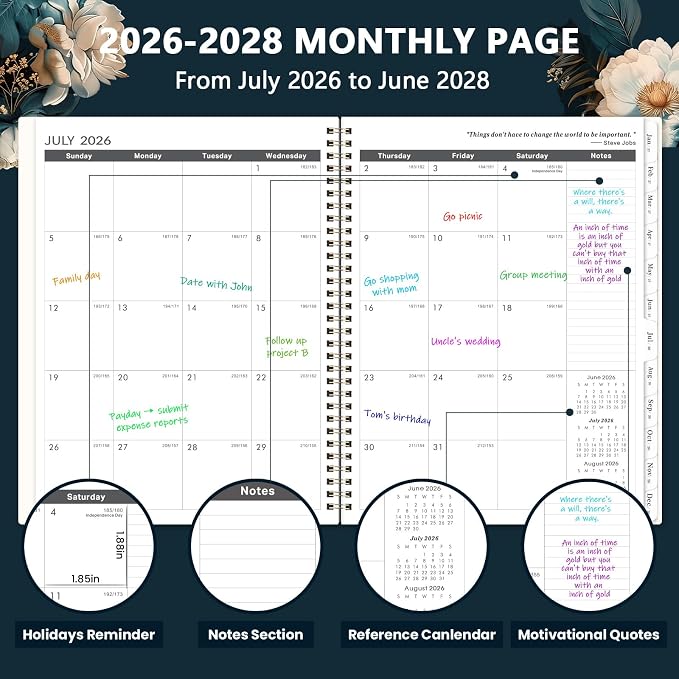 2026-2028 Monthly Planner - JULY 2026 - JUNE 2028, 2 Year Monthly Planner/Calendar 2026-2028, 11” x 9”, 24 Months Tabs,Two-Side Pocket, Holidays & Notes Section