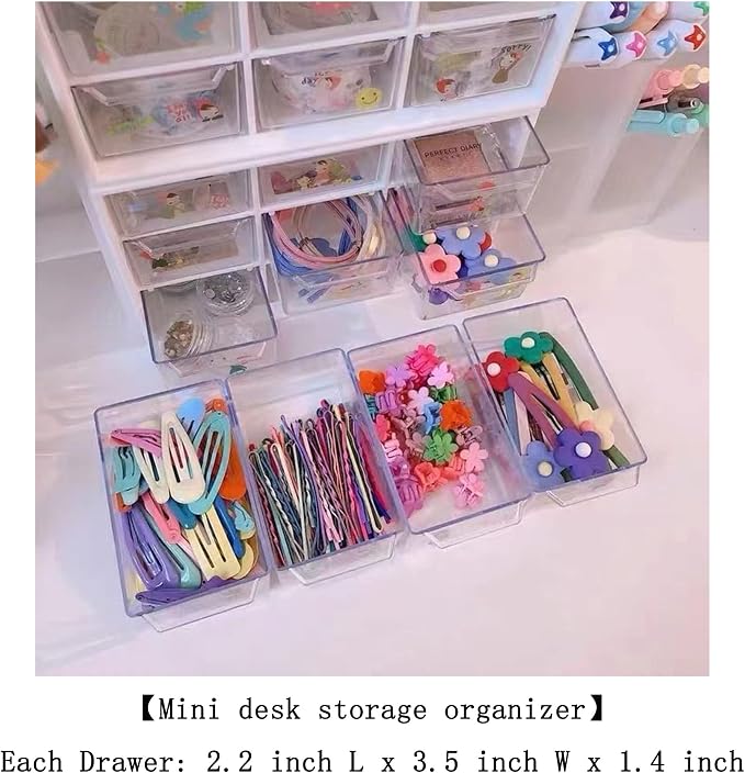 Feadily 2PCS Small Drawer Organizer for Desk, Desktop Drawer Organizer with 9 Clear Drawers, Plastic Desktop Storage Drawers 7.1 Inch x 3 .9 Inch x 4.7 Inch, Blue