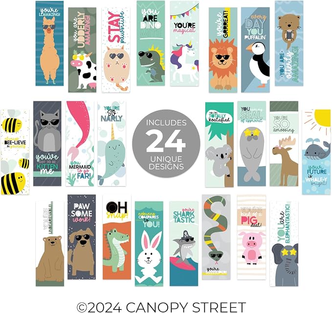 Animal Pun Bookmarks / 2" x 6" Motivational Paper Bookmark Pack/Bulk Set of 24 Classroom Reward Quotemarks/Made in The USA
