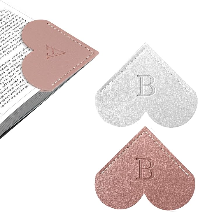 2Pcs Personalized Leather Heart Bookmark with Initial, 26 Letters Custom Corner Page Book Mark for Reading Women, Book Lovers, Teachers, Students, Cute Book Accessories Gifts(White+Pink, B)