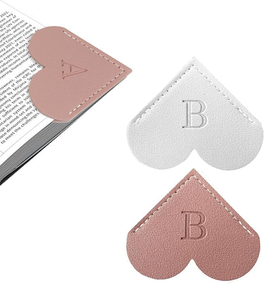 2Pcs Personalized Leather Heart Bookmark with Initial, 26 Letters Custom Corner Page Book Mark for Reading Women, Book Lovers, Teachers, Students, Cute Book Accessories Gifts(White+Pink, B)