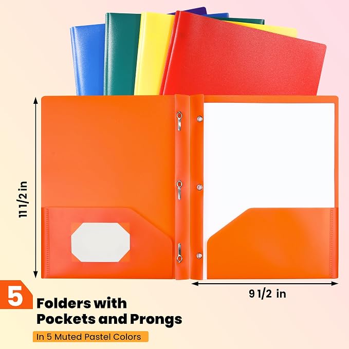 GNL Plastic Folders with Pockets and Prong, Pack of 5, Colored Heavy Duty 2 Pocket File Folders Letter Size, Folders with Prongs for School, Home, and Office