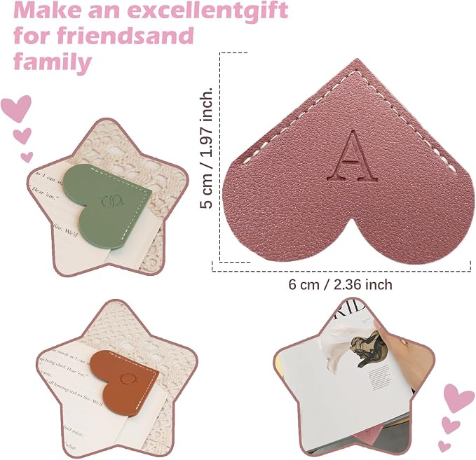 2Pcs Personalized Leather Heart Bookmark with Initial, 26 Letters Custom Corner Page Book Mark for Reading Women, Book Lovers, Teachers, Students, Cute Book Accessories Gifts(Green+Light Brown, S)
