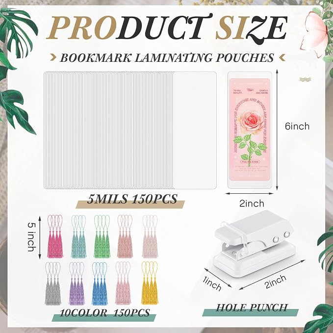 Fuyoooo 301 Pcs DIY Bookmark Making Kit 150 Bookmark Laminating Pouches 5 Mil Hot Laminator Sleeves with 150 Tassels and Puncher Fit Most Pouch Laminating Machines(Light Color,2.36 x 6.3 Inches)