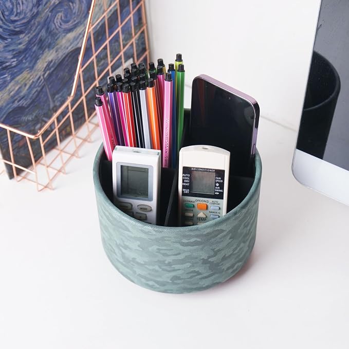 Round Leather Art Supply Organizer,Remote Control Holder,360 Degree Rotating,Multi-Functional Pencil Holder,4 Compartments Desktop Stationary Organizer(1-Camouflage Green)