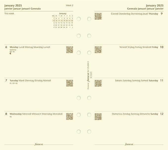 Filofax Calendar Diary Refill, Personal/Compact Size, Week-to-View, Cotton Cream Paper, Unruled, Multilingual: Five Languages, 2025 (C68413-25)