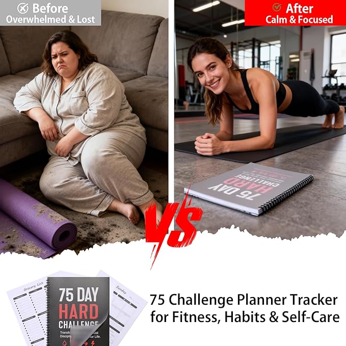 75 Hard Challenge Book, All-in-One Daily Progress Journal, Fitness Hydration Sleep Tracker, Thick Paper & Waterproof Spiral Planner for Home Gym Outdoor Use