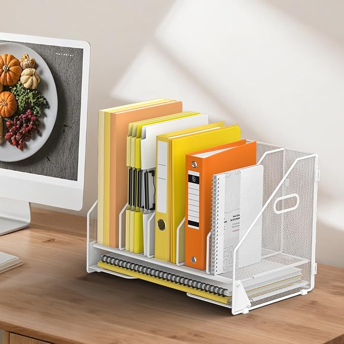 Docnest Desk File Holder Sorter, 5 Vertical Compartments Rack with Letter Tray, Mesh Magazine File Holder with Handle,Workspace Organizers,Desk Organizers for Paper, Mail, Documents-White