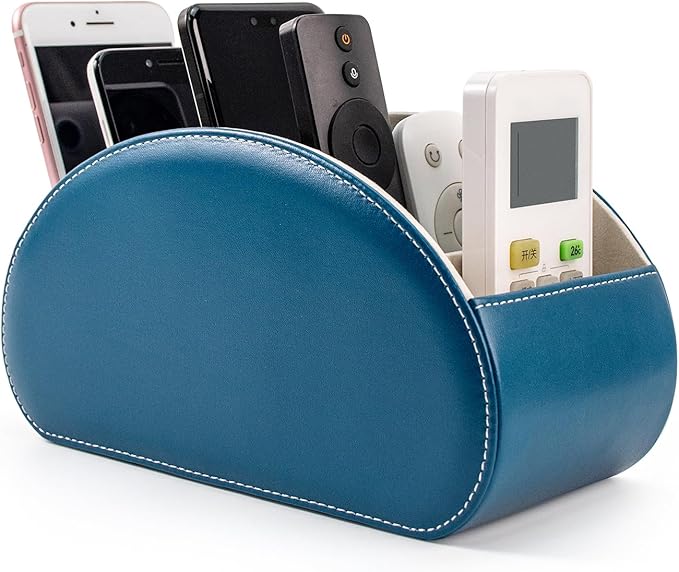 BONNY DODO Remote Control Holders Organizer Box with 5 Compartment PU Leather Multi-functional Office Desk Storage Caddy Store (Pacock blue)