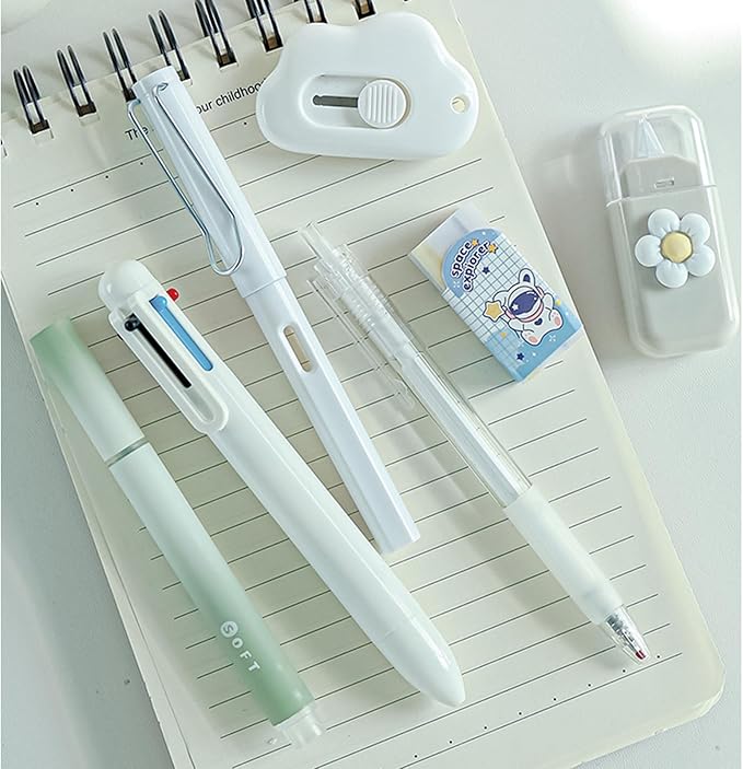 7 Pcs Cute White Stationery Set Kawaii School Supplies Office Supplies Including Ballpoint Pens Pencil Highlighter Correction Tape Utility Knife (White)