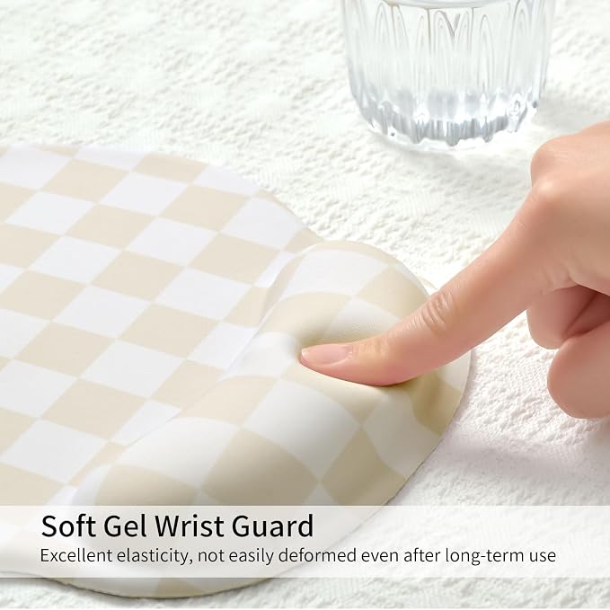 Retro Checkered Mouse Pad with Support Wrist Rest,Cute Funny Boho Ergonomic Mouse Pad with Non-Slip Base for Office Gaming Working Computers,Desk Accessories Pain Relief,Beige