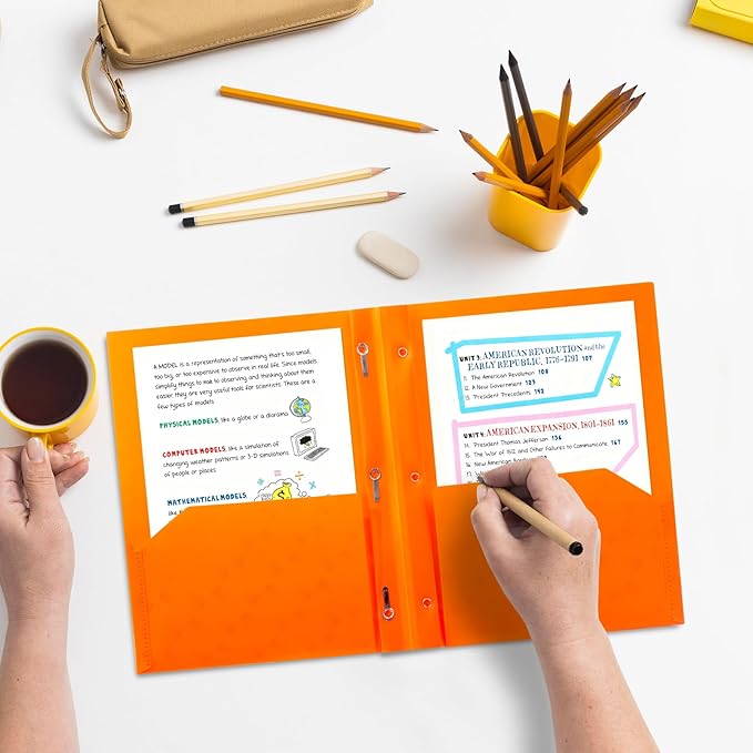 ViVin Plastic Folders with Pockets and Prongs,6 Pack,Heavy Duty 2-Pocket File Folder with 3 Fasteners,Fits Letter Size Paper,for School Home and Office(Bright Orange)