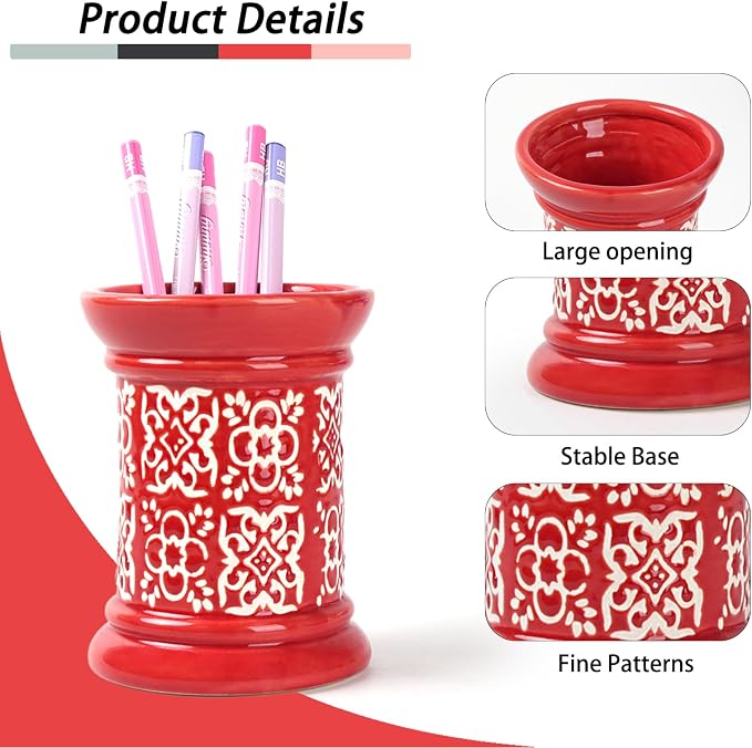 Printed Pencil Holder, Cute Pen Holder for Desk, Ceramic Carved Cylinder Pencil Holder, Office Decoration Container Islamic Style(Red)