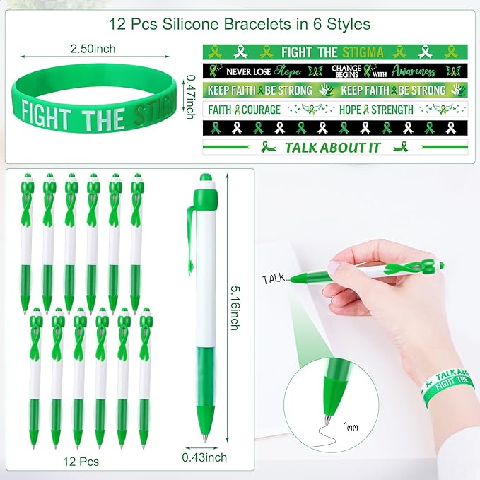 122 Pcs Ribbons Awareness Accessories Includes Ribbons Bracelets Stickers Pins Pens Keychain for School Charity Fundraiser Public Activities Supplies(Mental Health,Green)
