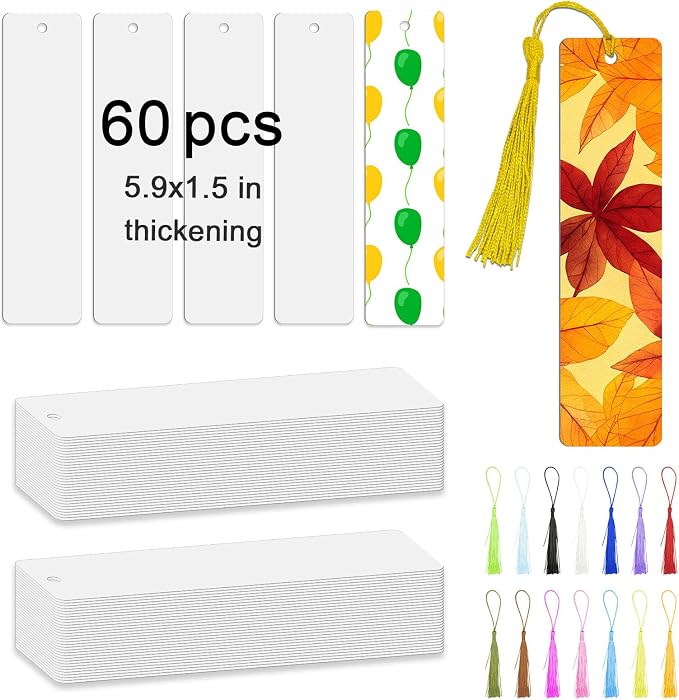 60 Pcs Sublimation Bookmark Blank 5.9"X1.5" X0.65mm Heat Transfer Aluminum Metal Bookmarks Bulk DIY Bookmarks with Hole and Colorful Tassels for Crafts,Personalized Tassels Blank Bookmarks