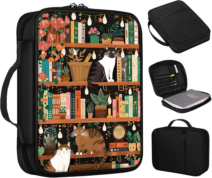 Bible Cover, Cat Bookshelf Bible Case with Handle and Zippered Pocket Standard Size Holy Bible Bag Women Gifts, Church Bag Portable Bible Carrying Book Case for Bible Study