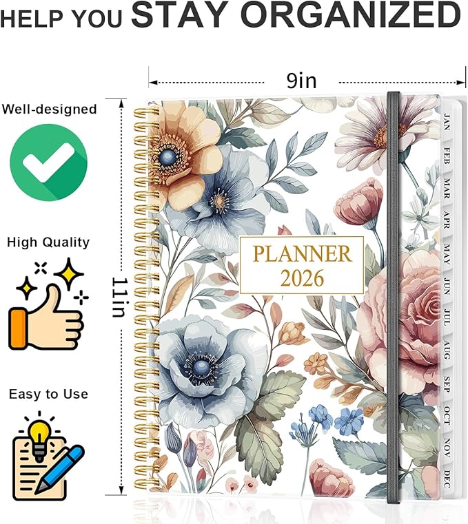 Planner 2026 - Weekly & Monthly Planner from January 2026 to December 2026, Agenda 2026 with Inner Pocket, Elastic Band, 8.5" x 11", Colorful Large Flower