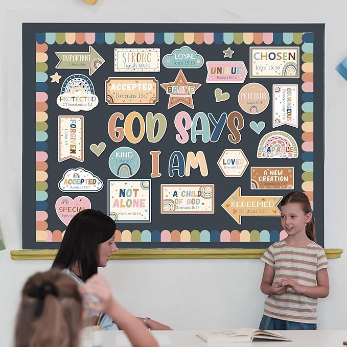 Christian Bulletin Board Decorations Classroom Motivational Bulletin Board for Welcome Back Boho Rainbow God Says I Am Cutout Inspirational Religious Wall Decors for Sunday School Home Church Supplies
