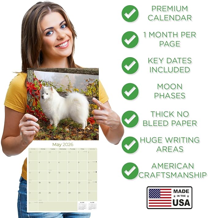 American Eskimo Calendar 2026 – 16-Month Dog Breed Wall Calendar by MegaCalendars – Large Daily Blocks, Thick No-Bleed Paper, Made in USA
