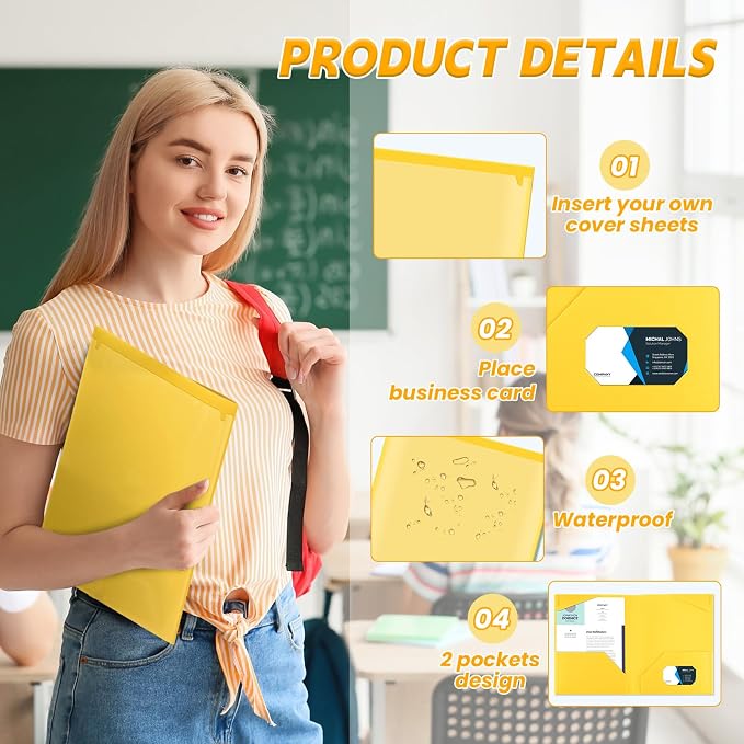Henoyso 18 Pack Yellow Plastic Folders with Clear Front Pockets Heavy Duty File Folders with 2 Pockets and Card Slot for Student Communication School Office Presentation Report