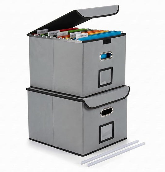 CADONO File Organizer Box with Lid, Large Hanging File Folder Organizer with Plastic Slide, Collapsible Portable Filing Storage Boxes for Office/Decor/Home (Grey, 14.9 x 12.59 x 10.8 inch, 2-Pack)