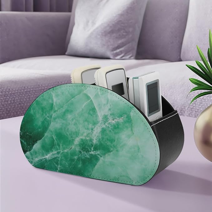Green Marble Remote Control Holder with 5 Compartments Leather TV Remote Caddy Remote Storage Box Desktop Organizer for Pen/TV Remotes/Media Controllers/Office Supplies