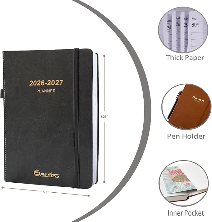 Daily Planner 2026-2027, One Page Per Day, Academic Calendar (July 2026 - June 2027), Appointment Book with Time Slots and Monthly Tabs, 5.7" x 8.25", Pocket, Leather Cove (Dark Grey Blue)
