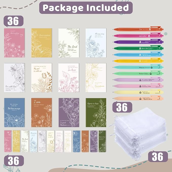 WSICSE 144 Pcs Christian Bible Gifts Set Bulk, Colorful Floral Notebooks Inspirational Bookmarks Quote Pens Organza Bags for Inspirational Gifts for Office School Church Supplies
