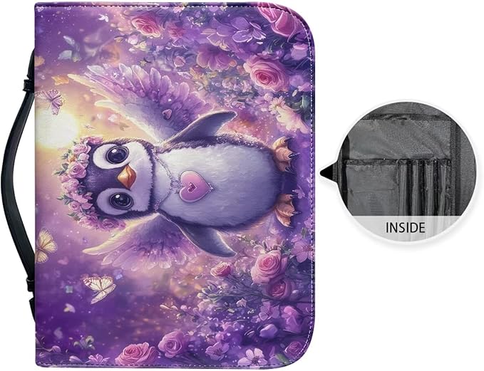 Cute Penguin Bible Carrying Case for Women Purple Flower Bible Cover Case Bible Case for Girls For Bible Study Accessories Supplies Christian Gifts for Women-Size XL