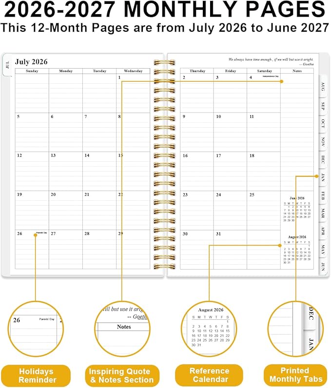 Planner 2026-2027 - Academic Planner from July 2026 to June 2027, Weekly & Monthly Planners Spiral Bound with 12-Month Tabs, Inner Pocket, 6.25" x 8.5", Leaf Flower