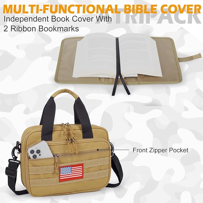 ATRIPACK Tactical Large Bible Cover for Men,Double Layer Bibles Bag With Detachable Book Carrying Case, Covers for Bible Organizer with Zippered Pockets,Church Case with Handle.
