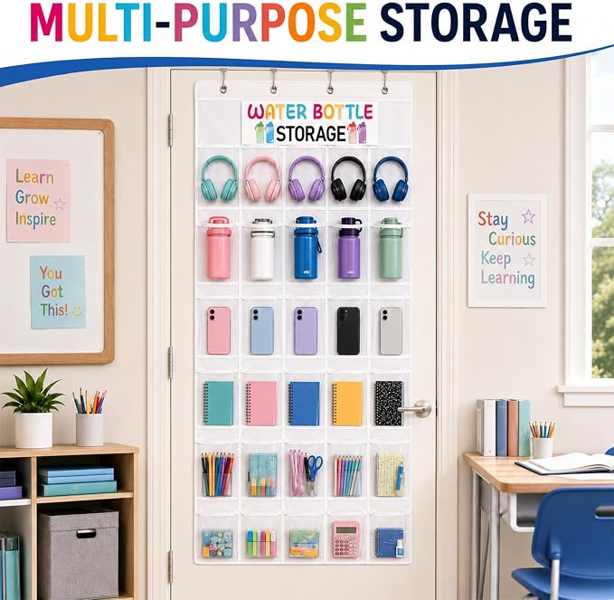 Classroom Headphone Storage Organizer Over the Door Hanging Headphone Storage Bag 30 Clear Organizer Holder Pockets with 2 Stickers 4 Hooks for School Cell Phone Calculators Organization Supplies